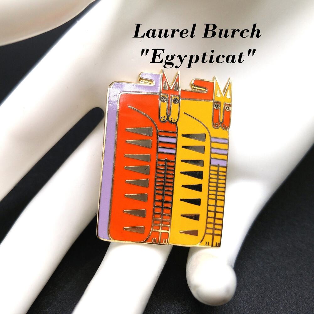 Laurel Burch "Egypticat" Brooch, Cloisonne Gold Plated Yellow Orange Enamel Cats